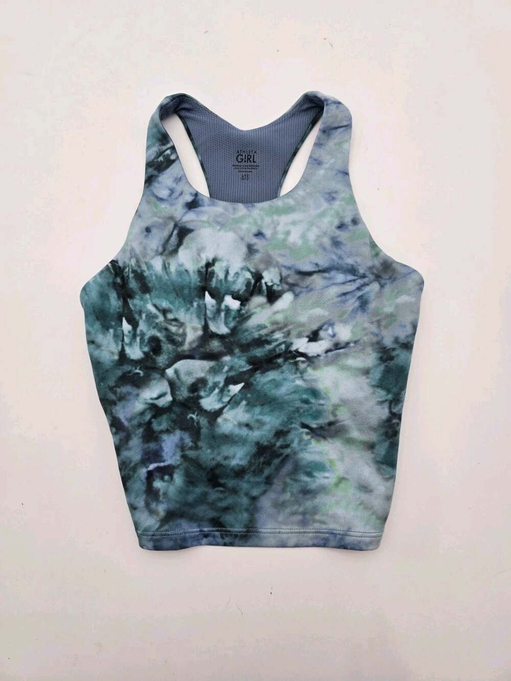 Athleta Girl Tank Top Large 12 Blue Marble Crop Built In Shelf Bra Long Distance